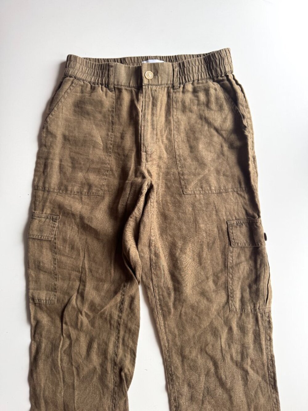 MICHAEL STARS Bobbi Olive Brown 100% Linen Straigt Leg Cargo Pants, Size S - Picture 3 of 8